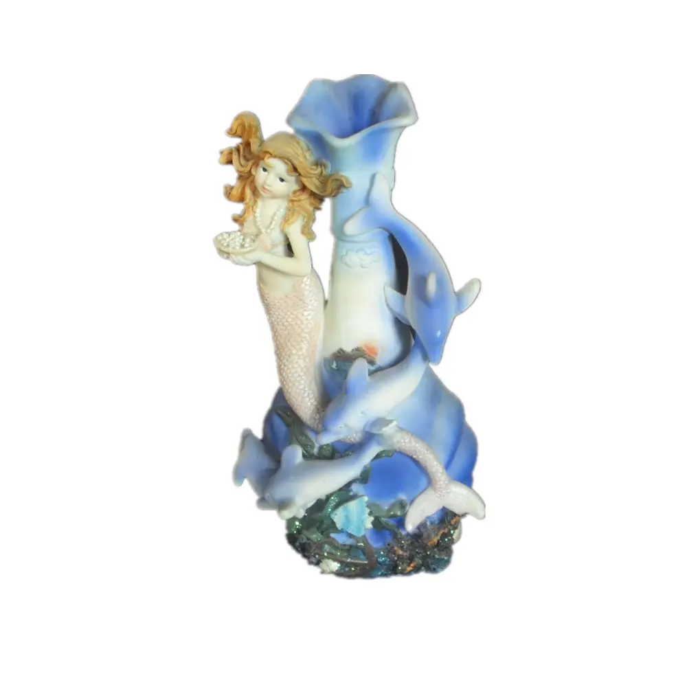 Customized Nautical Style Resin Crafts and Gifts Dolphin Mermaid Flower Vases for Home Decoration