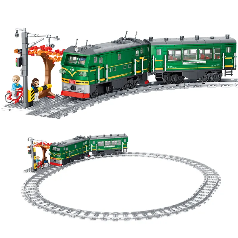 Conjunto de blocos de construção de trem verde ferroviário eletrônico, locomotiva clássica, quebra-cabeça 3D, brinquedo educativo para crianças, 801 unidades