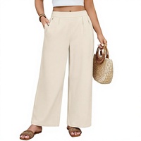 Pantalon de plage décontracté et élégant pour femme, coupe ample en coton léger, taille élastique large, couleur unie, confortable, avec poches