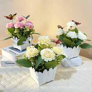 Six chrysanthèmes artificiels en bonsaï avec papillons, 19 pouces, décoration intérieure pour salon, balcon. - Product Image 1