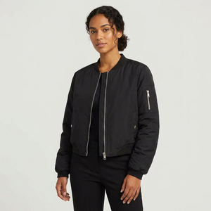 Chaqueta Bomber Negra Impermeable para Mujer, con Cuello Alto, Cierre de Cremallera, Resistente al Viento, Color Sólido, Poliéster, para Otoño - Product Image 1