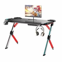 Bureau de jeu en aluminium durable avec plateau en fibre de carbone, éclairage LED RGB 8 couleurs de 1,8 cm, porte-gobelet et support pour casque
