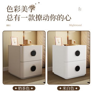 Mesita de Noche de Madera Maciza Color Crema, Lacada, con Cajones, Mueble de Almacenamiento para Dormitorio, Diseño Moderno y Minimalista - Product Image 4