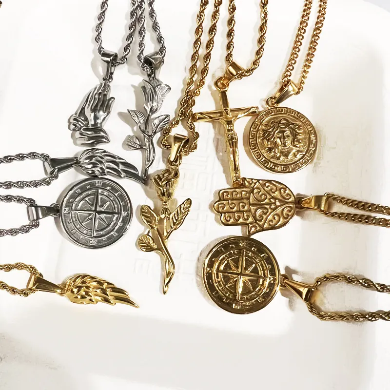 Medusa Pendant Compass Rope Chain Angel Wing Necklace Hamsa Hand Rose Charm Stainless Steel Gold Crucifix Cross Jewelry Necklace