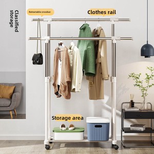 Porte-vêtements moderne mobile à double <span class=keywords><strong>tringle</strong></span> en métal, télescopique et réglable en hauteur, pour intérieur et extérieur, séchoir à linge pour balcon et porte-manteau pour salon - Product Image 2