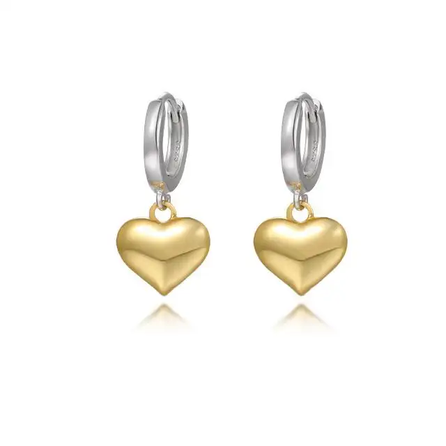 925 Sterling Silver Gold Plated Jewelry Two Tone Color Love Heart Charm Pendant Dangle Drop Hoop Earrings For Women