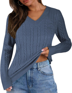 Custom Women Cable Knit <b>V</b> <b>Neck</b> Sweater Slim Fit <b>Long</b> <b>Sleeve</b> Pullover - Product Image 3