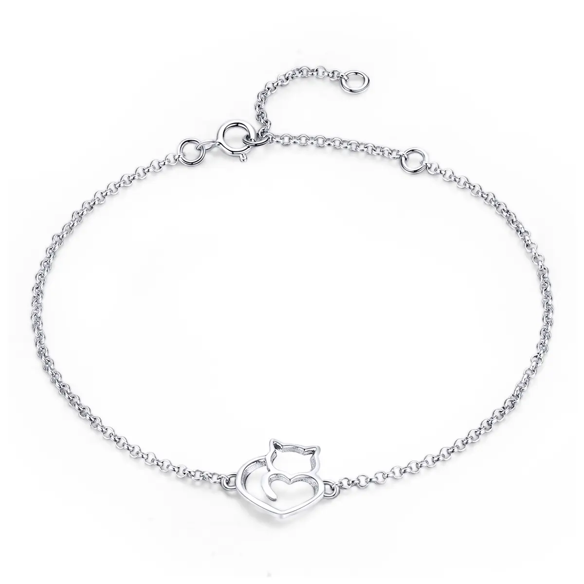2023 silver bracelet 925 sterling jewelry 100% 925 Sterling Silver Cat And Heart Link Chain Bracelets for women