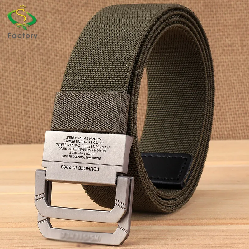 Nylon Tactical Belt Double Loop Metal Buckle Green Fabric Nylon Men Belt Tactical Outdoor Elastic Waist Belt