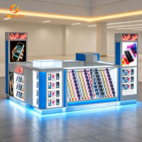 Kiosque de Téléphonie Mobile pour Centre Commercial, Kiosque d'Exposition Multiface Blanc et Bleu avec Boîte à Lumière LED pour la Vente de Compléments Téléphoniques
