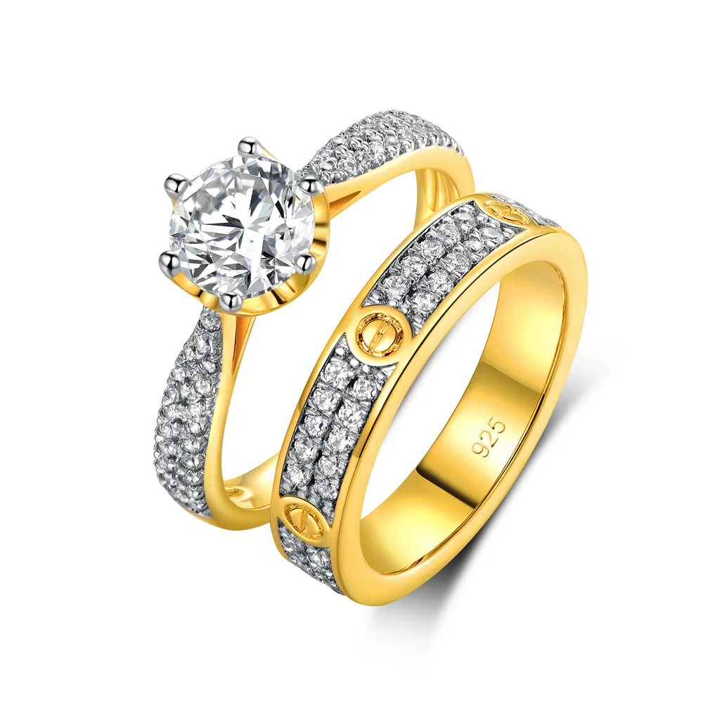 Aliança de bronze dourada, casais banhados, casamento, noivado, moda, anel 2 peças