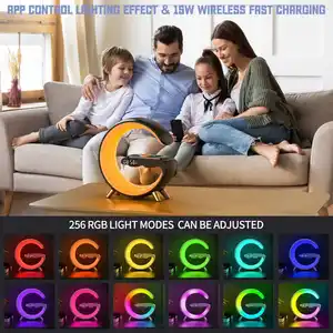 2024 yeni g-şekilli app kontrolü ile kablosuz şarj masa lambası gece lambası saat ve BT müzik hoparlörü ortam 256 renkli