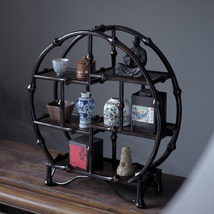 Estante redondo de bambú estilo chino para exhibir juegos de té, decoración antigua para sala de estar u oficina - Product Image 1