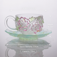 Ensemble tasse et soucoupe en verre Liuli artisanal 170 ml, motif fleur d'hibiscus dégradé rose en relief, mug à expresso de luxe, cadeau artistique OEM