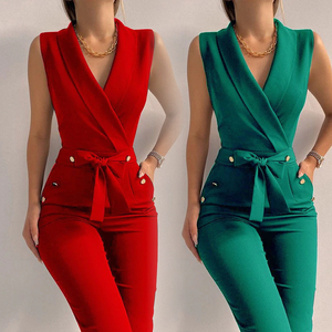 Nouveaux vêtements <span class=keywords><strong>de</strong></span> <span class=keywords><strong>travail</strong></span> <span class=keywords><strong>de</strong></span> bureau pour femmes Ins Style d'affaires solide col en V dames à bretelles sans manches Romsuit femmes combinaisons - Product Image 1