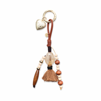 EDGE Bijoux de mode, Pendentif breloque cœur médaillon avec pompon en cuir et perles en bois, pour porte-clés et sac, pour femme