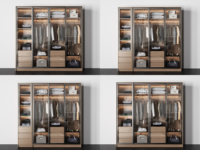 Système de rangement complet sur mesure pour toute la maison avec portes en bois clair et verre, tiroirs ouverts et système de suspension, avec tapis gris et verdure