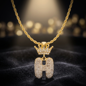 Collier pendentif lettre couronne plaqué or avec strass, bijou unisexe - Product Image 2