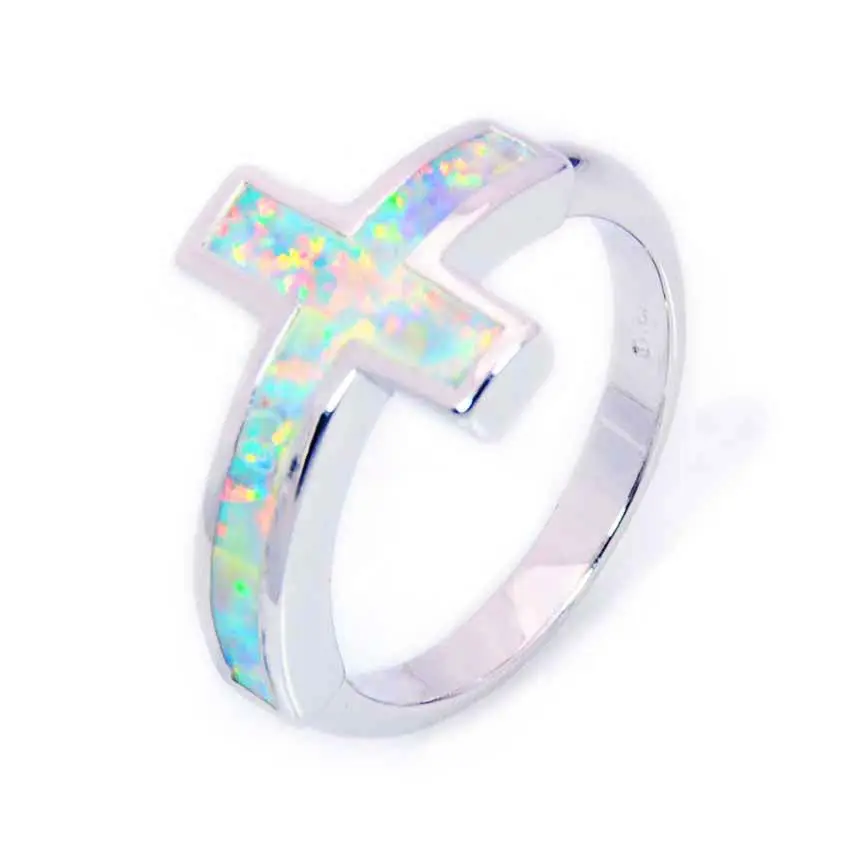 Wholesale new religious jewelry silver plated mini cross blue opal women finger rings