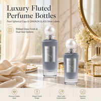 Flacons de parfum en verre cannelé à rayures verticales grande capacité 100 ml 200 ml avec bouchons sphériques en perles blanches et étiquettes argentées