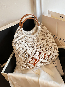 Borsa di paglia da spiaggia con rete di cotone borsa in paglia da spiaggia Cestello da mercato francese Bask estivo - Product Image 3