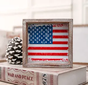 Ruilin bandeja em camadas decoração, quadro de madeira em metal gravado bandeira dos eua sinal bandeira americana decoração de mesa para quarto de julho dia memorial