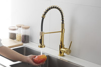 Robinet de cuisine moderne en laiton non revêtu, monocommande, monotrou, finition or poli, à arc haut, avec mitigeur chaud/froid et douchette en céramique