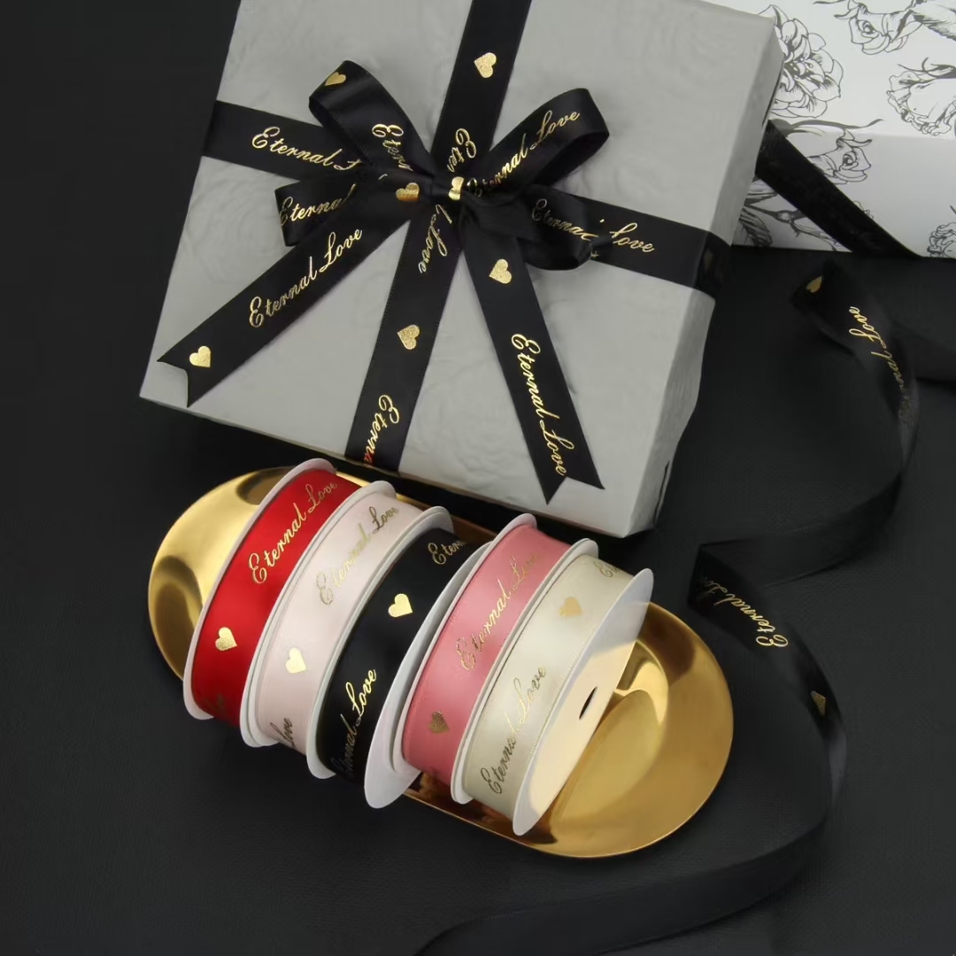 Custom Logo Soft Ribbons Polyester Ribbon for Wedding Party Decoration Foil Gold Logo Printed Satin Ribbon for Gift Box