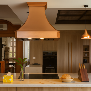 <span class=keywords><strong>Hotte</strong></span> de cuisine artisanale en cuivre martelé épais, finition cuivre vieilli, design architectural de luxe pour villa de prestige - Product Image 4