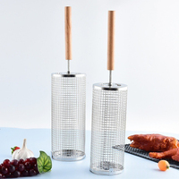 2 Cestos Rotativos de Aço Inoxidável para Grelhar, Gaiola de Malha para Churrasco com Cabo Longo de Madeira para Legumes, Batatas Fritas e Asas de Frango