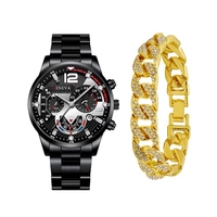 Jam Tangan Quartz Fashion Pria Set Gelang Berlian Berkilau L618 Jam Tangan Sport Bisnis Kalender untuk Pria Set Perhiasan Reloj
