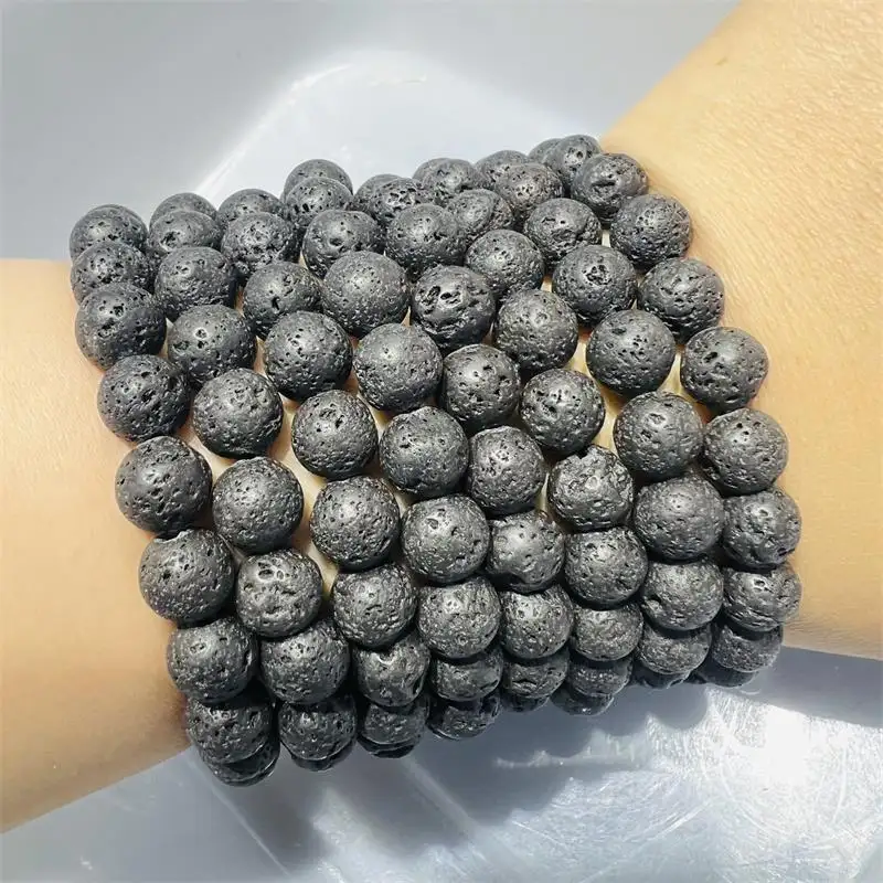 Commercio all'ingrosso pietra lavica nera naturale braccialetto di cristallo gemma lucidato guarigione fai da te braccialetti per regali decorazione