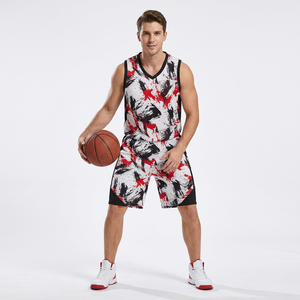 Conjunto de Uniforme de Baloncesto Sublimado Transpirable para Hombre, Rojo, Negro y Blanco, Estampado Sublimado, Cuello en V sin Mangas, Malla, Ajuste Atlético - Product Image 1