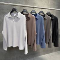 Polo à manches longues en maille gaufrée délavée style vintage personnalisé pour homme, coupe oversize et carrée, streetwear, vierge, en coton thermique 280G