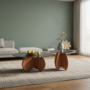 Ensemble de tables basses rondes modernes en verre trempé, design emboîtable, base en bois, meubles de salon de style mid-century - Product Image 3