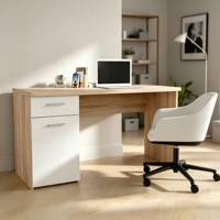 Bureau d'ordinateur en chêne Sonoma blanc de 140 cm de large avec 1 porte et 1 tiroir verrouillable, poignées en plastique, idéal pour la maison, le bureau ou la chambre à coucher