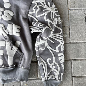 Hoodie Custom 460gsm French Cotton Fleece Distressed 3D Printed Oversized Acid Wash Boxy Cropped Hooded Ukuran XL dengan Rhinestone - Product Image 3