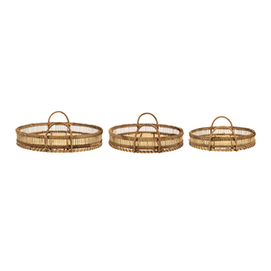 Set di 3 vassoi rotondi in bambù intrecciato marrone con manici per conservare e servire alimenti - Product Image 4