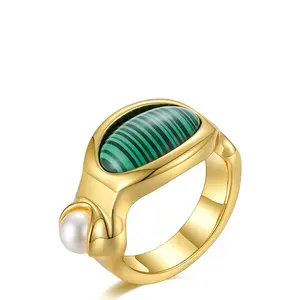 Latest High Quality 18K Gold Plated Brass Jewelry Natural Malachite Stone Finger Rings R214090