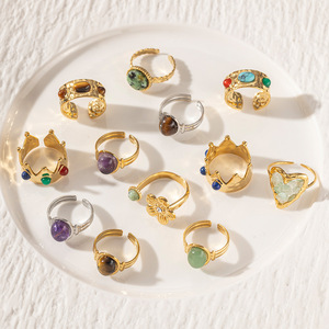 Bague ouverte en acier inoxydable de style européen-américain avec pierre naturelle œil de tigre, bijoux luxueux haut de gamme pour femmes - Product Image 3