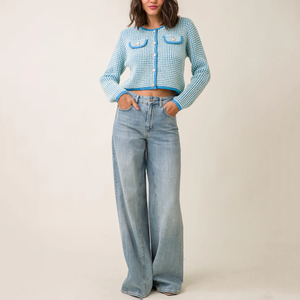 <span class=keywords><strong>Cardigan</strong></span> da <span class=keywords><strong>donna</strong></span> in maglia azzurra: un cappotto testurizzato con tasche con un frontale abbottonato, adatto per il Casual retrò - Product Image 1