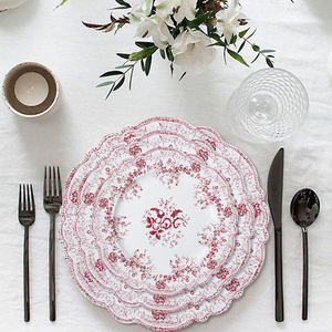 Assiettes de présentation en céramique rose à fleurs romantiques françaises, assiettes en porcelaine imprimées pour la décoration de fêtes et de mariages - Product Image 5