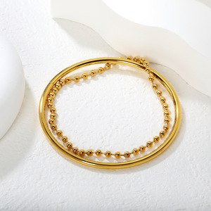 Fashion <b>Beaded</b> <b>Bracelet</b> Double Layer Gold Tone Ball Chain Women's Jewelry Minimalist Retro Style Stainless Steel <b>Bracelet</b> - Product Image 1