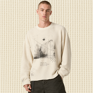 T-shirt Homme Noir Vintage Délavé Oversize à Épaules Tombantes, Manches Longues en Maille Gaufrée avec Ourlet Brut - Product Image 6