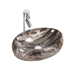 Lavabo Ovalado Ouni de 60x40cm con Patrón de Mármol, Lavabo de Cerámica para Encimera con un Solo Orificio - Product Image 5