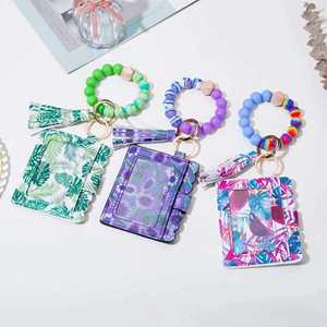 Credit Card Holder Carabiner Keychain PU Leather Zipper Coin Purse Printed Wallet Floral Silicone Bead Bracelet Tassel <b>Key</b> <b>Ring</b> - Product Image 1