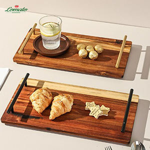 Plateau de service en bois massif d'acacia écologique Plaque rectangulaire Poignées en métal pour la maison Hôtel Restaurant Petit-déjeuner - Product Image 1