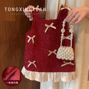 Tongxingyuan Girls' Dress Red Fleece-Lined Strapless A-Line Princess Dress For Birthday Winter Wear - Product Image 1