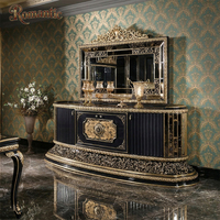 Ensemble de salle à manger de luxe noir et or élégant, table en bois sculpté à la française, buffet, armoire miroir, pour grande salle à manger, usage hôtelier