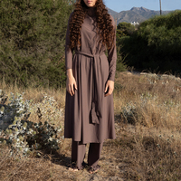 Ensemble burkini élégant personnalisé couleur cacao, tissu à séchage rapide, tunique de bain ceinturée, pantalon large, étiquette personnalisée, commande en gros pour femmes musulmanes